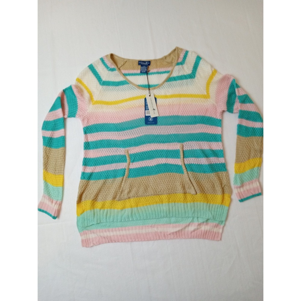 Caribbean Joe Sweater Womens Small Pastel Striped Knit Pullover Hooded Lightweig